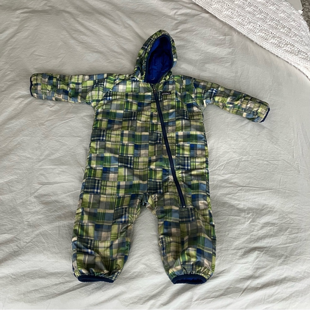 Patagonia Blue and Green Plaid Snowsuit 18 months